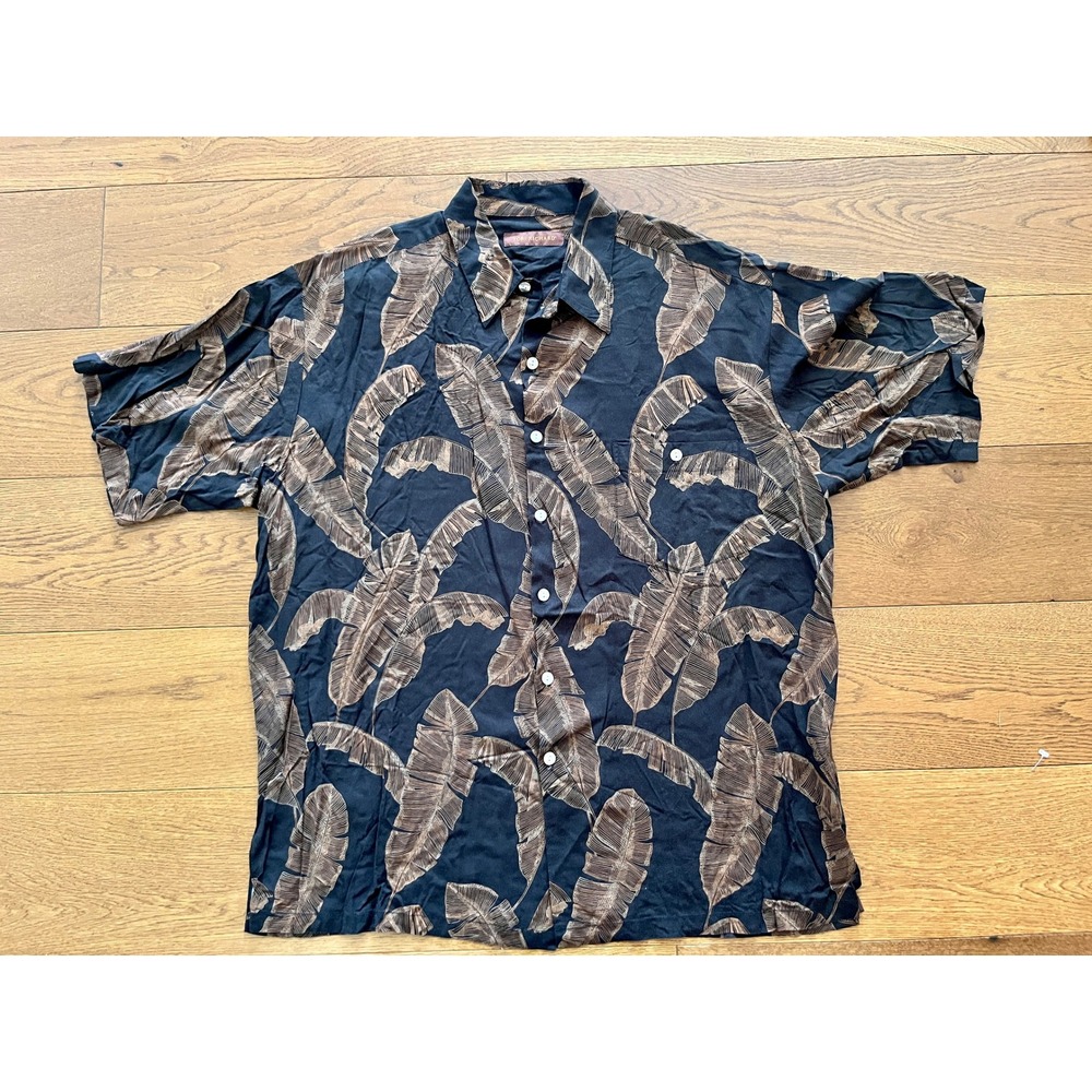 Tori Richard Mens Banana Leaf Print Button Down Shirt Black Tan XL 0403 3420